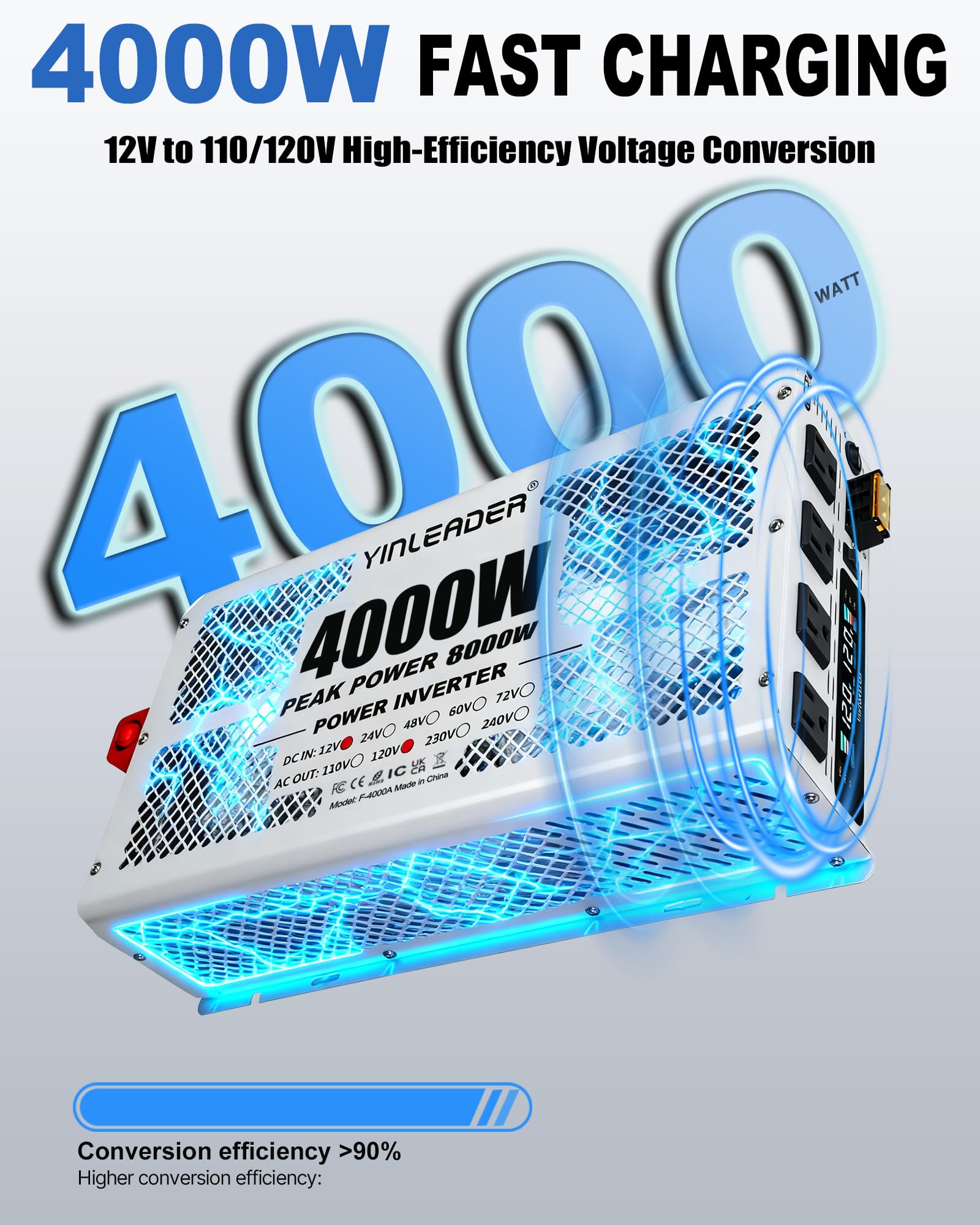 Yinleader 4000W inverter left side showing rugged body and cooling vents for outdoors