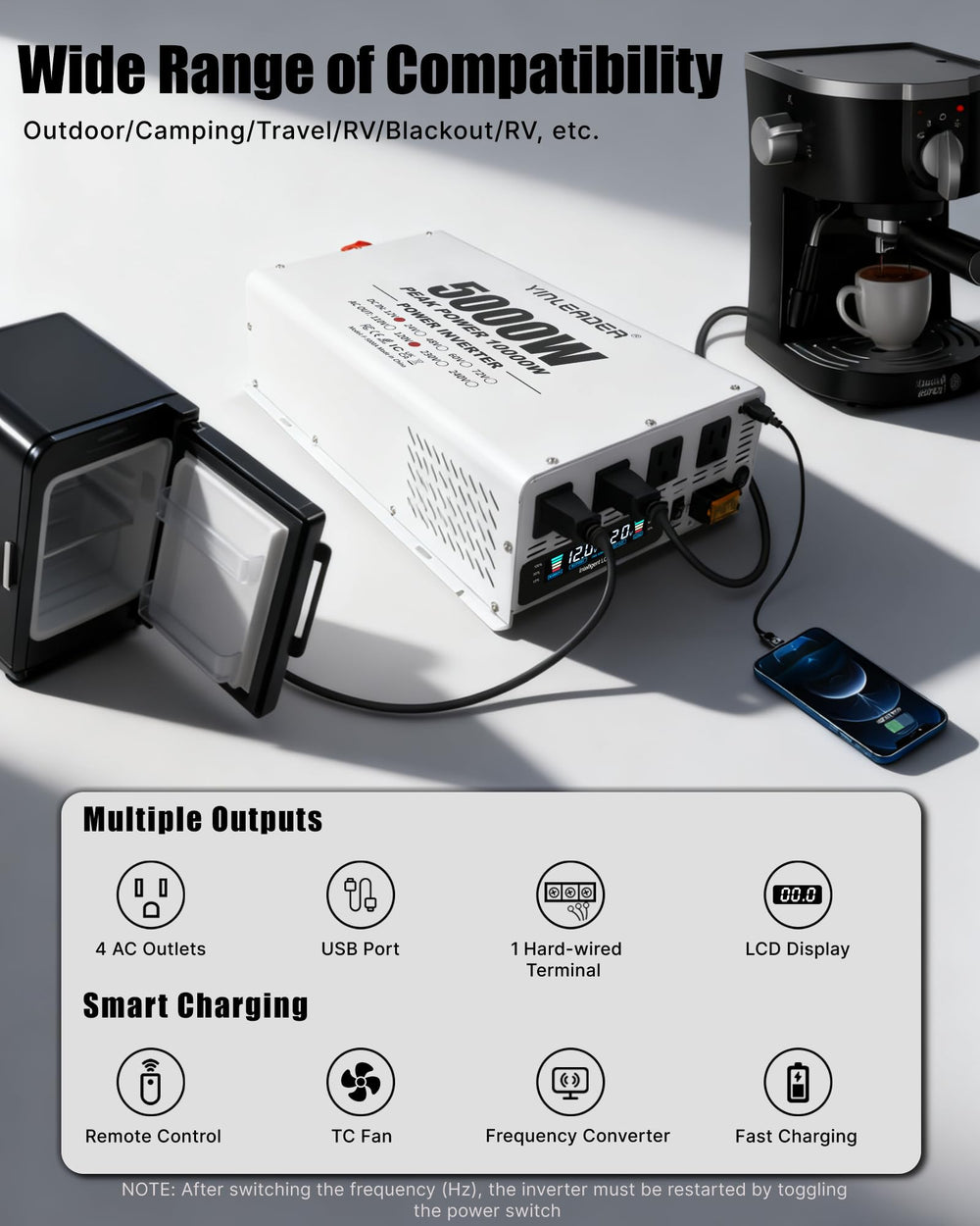 Yinleader 5000W inverter LCD display shows real-time status