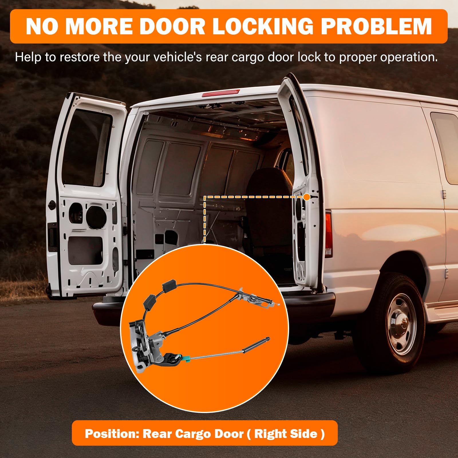 Rear-right door latch installed on a Ford Econoline van