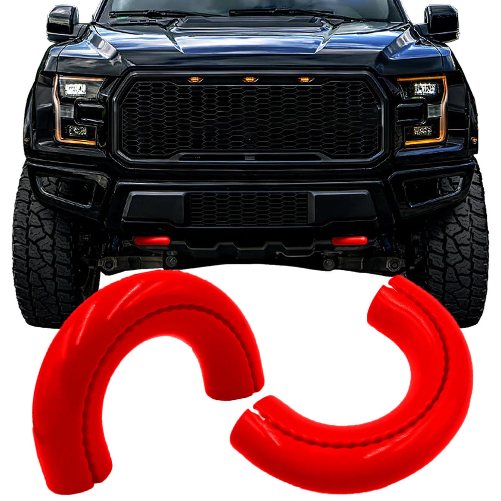 Yinnianets tow hook cover Ford F-150 front view in red, adds style and protection.