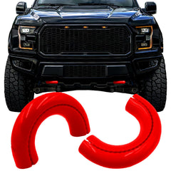 Yinnianets tow hook cover Ford F-150 front view in red, adds style and protection.