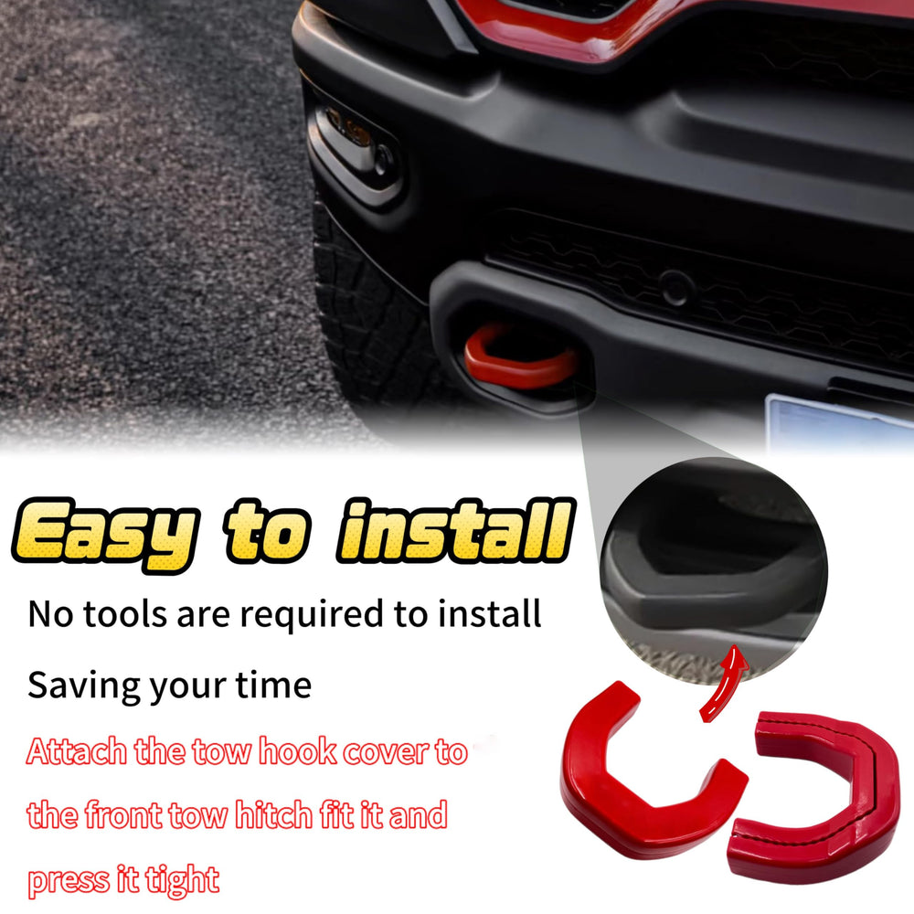 Front outline of RAM 1500 with Yinnianets red tow hook cover.