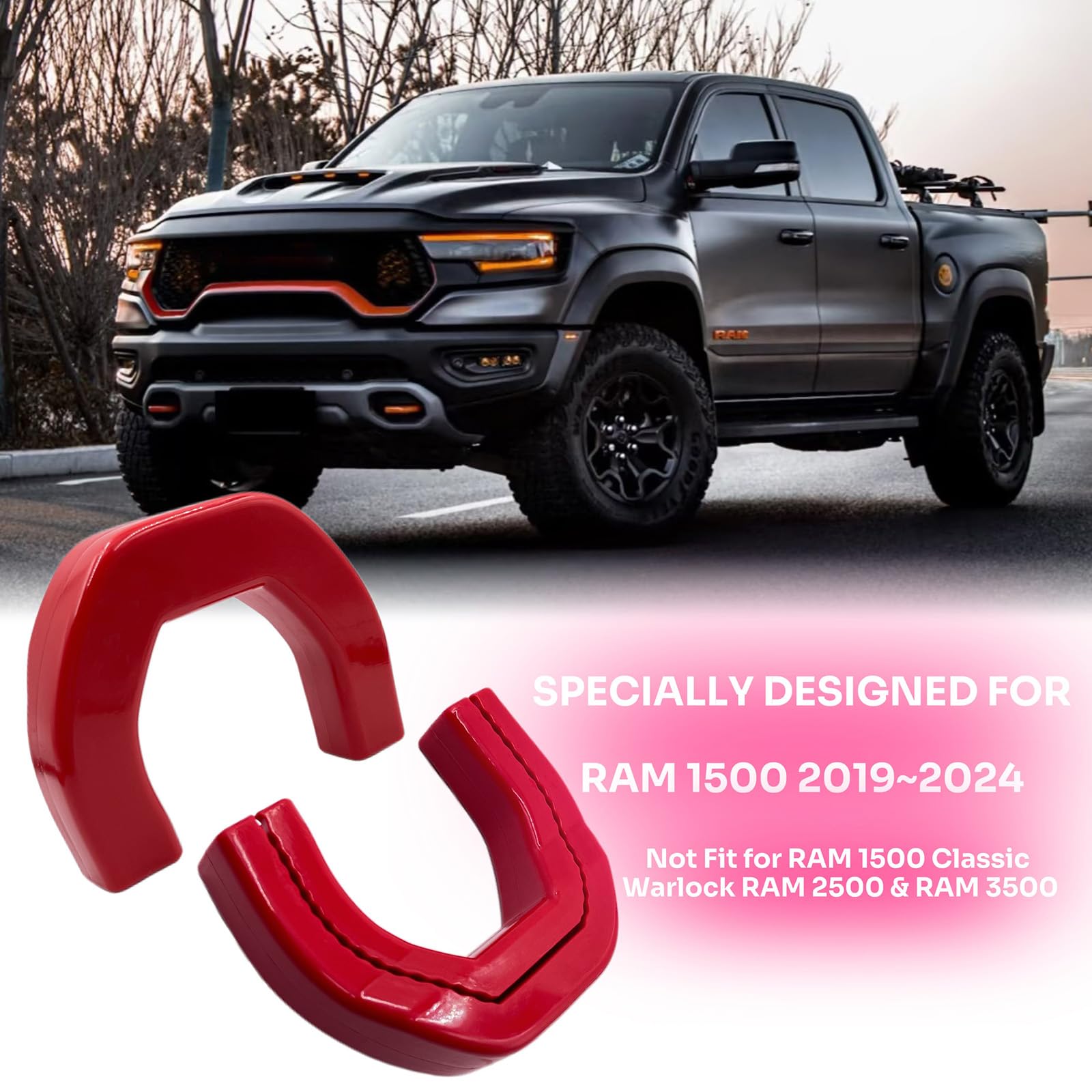 Side view of Yinnianets tow hook cover on RAM 1500 in red.