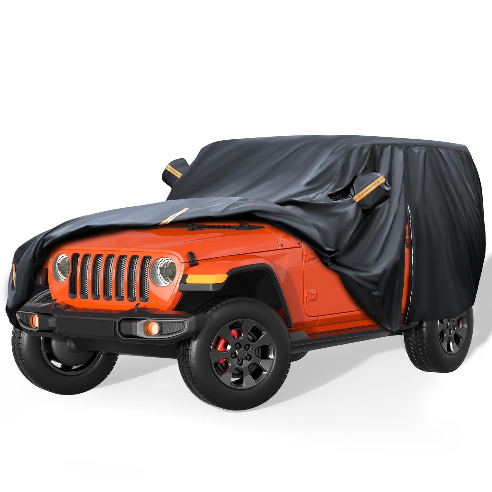 YINOK 600D waterproof car cover for Jeep Wrangler 2-door shields against rain and sun.