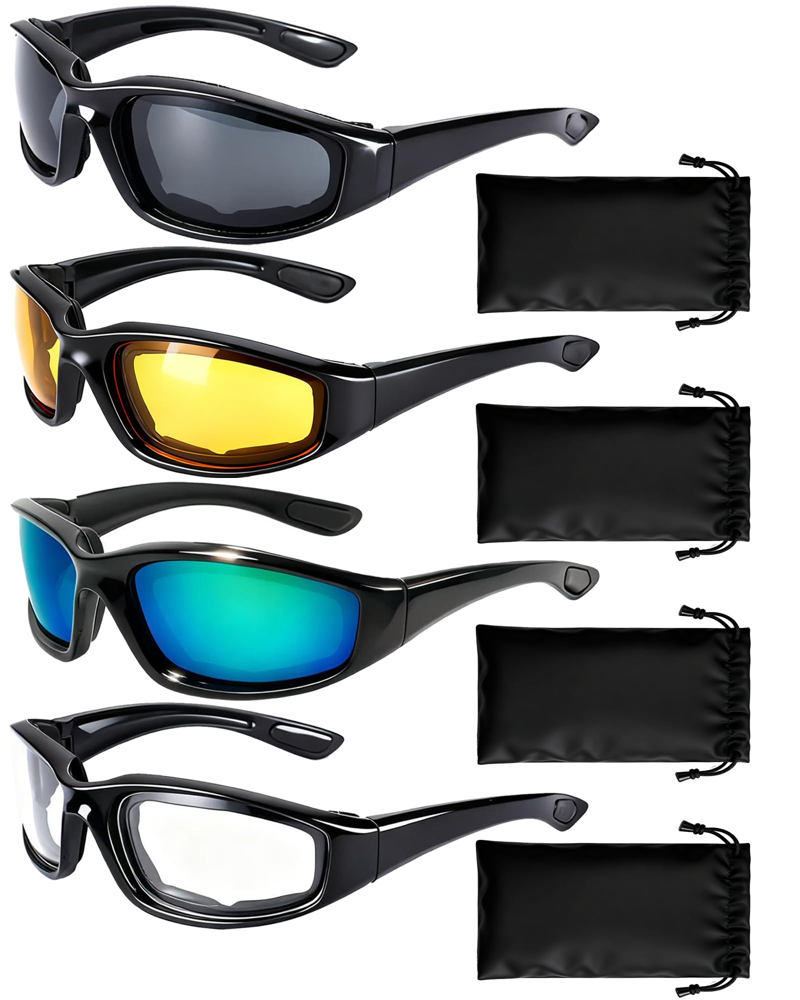 YISUGOOC four-pair motorcycle glasses with yellow lenses for enhanced contrast in low light.
