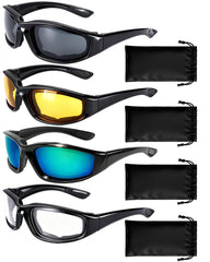 YISUGOOC four-pair motorcycle glasses with yellow lenses for enhanced contrast in low light.
