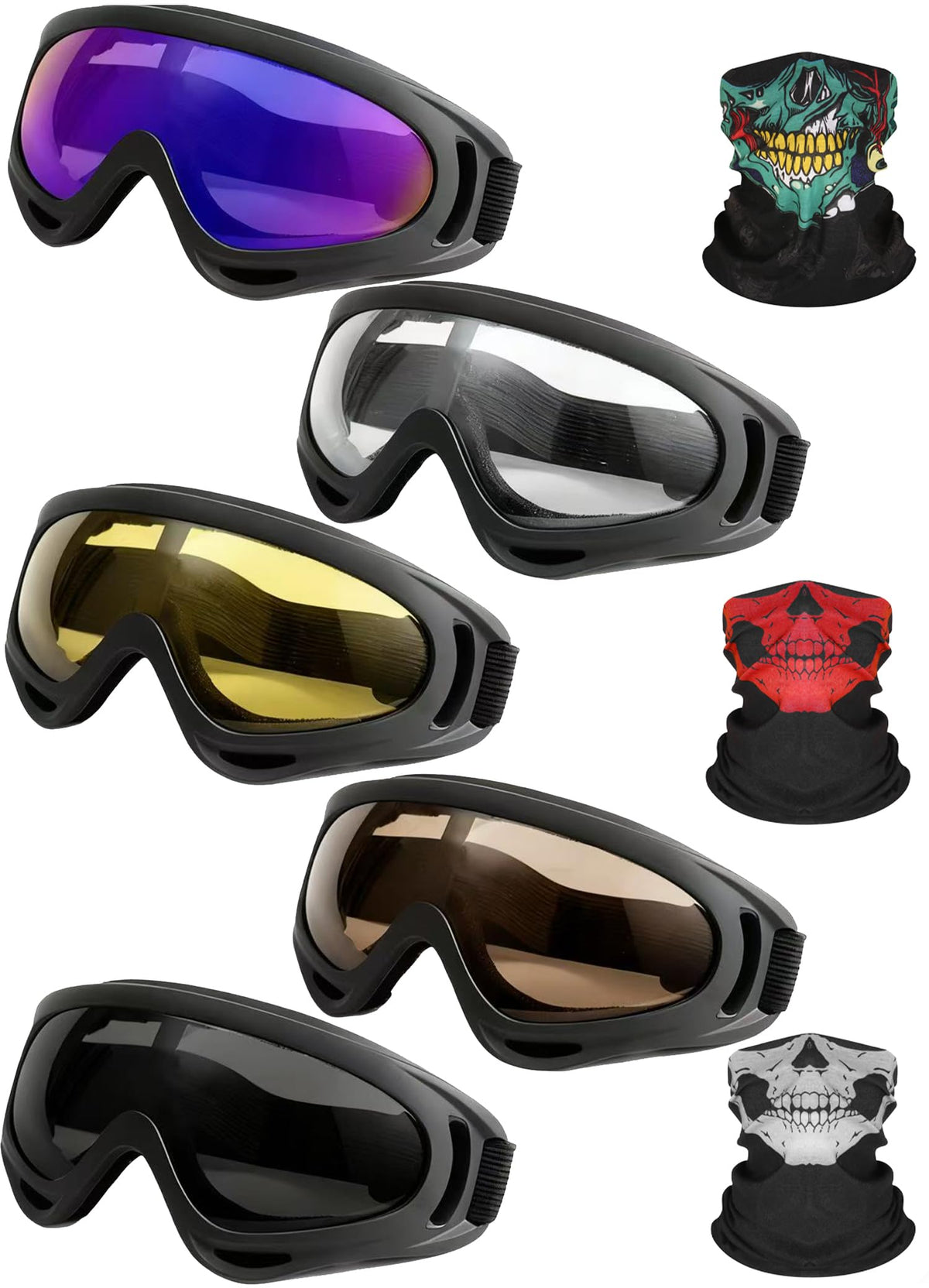 YISUGOOC motorcycle goggles with five lens options for changing light conditions during rides.