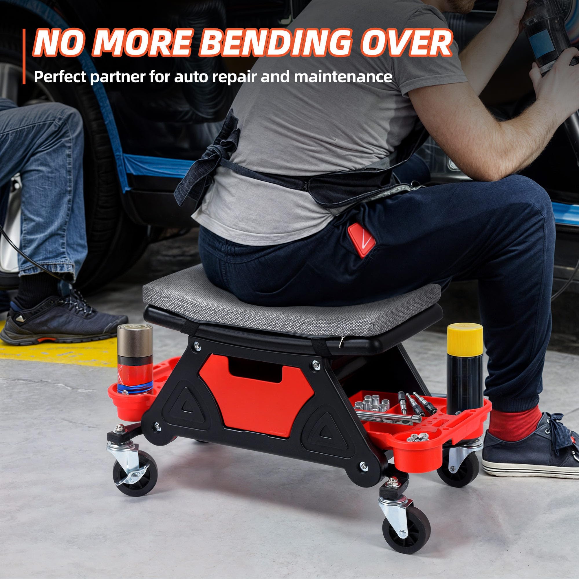 YITAHOME Mechanic Stool removable trays keep tools within easy reach.