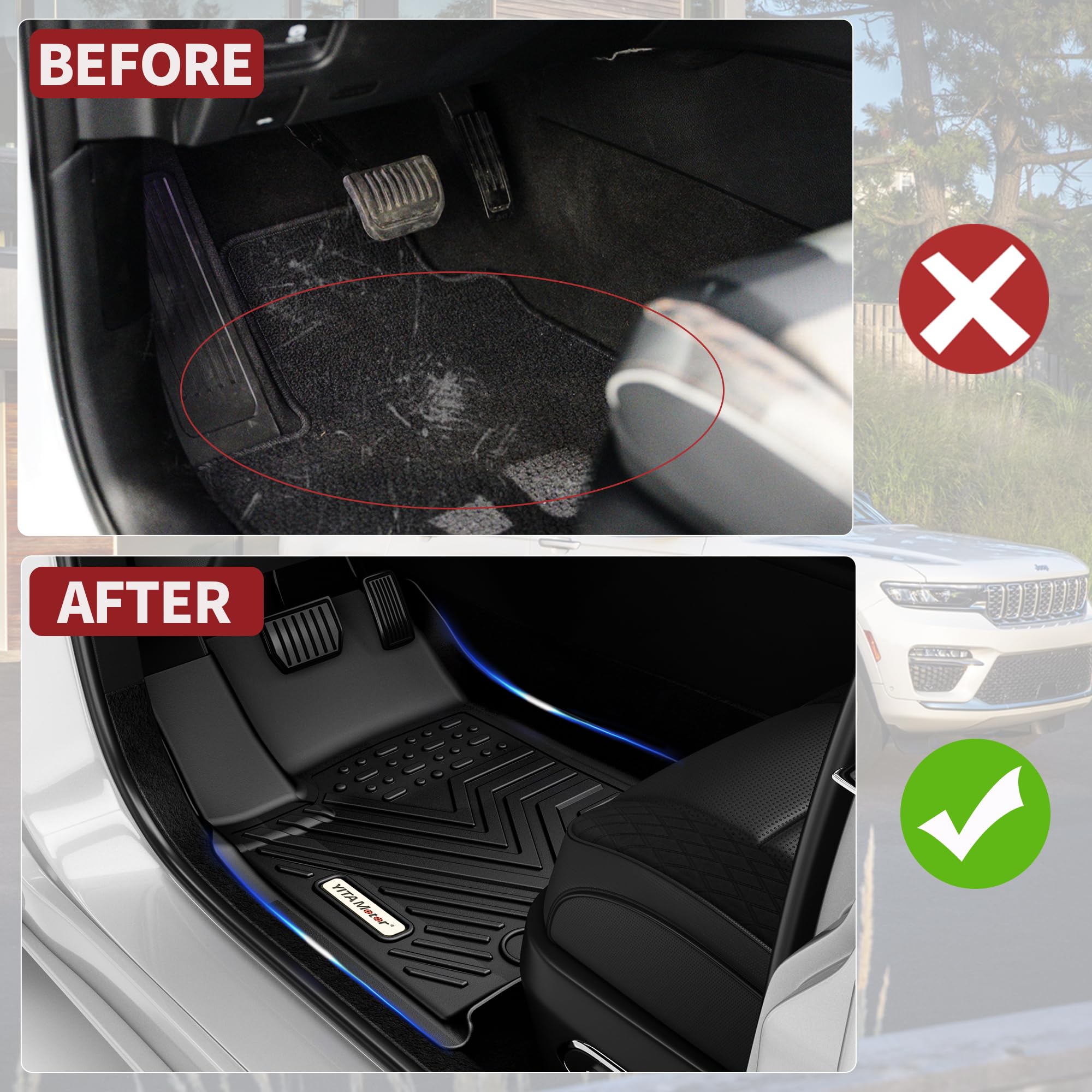YITAMOTOR floor mats with raised edge trap liquids and debris for all-season protection.