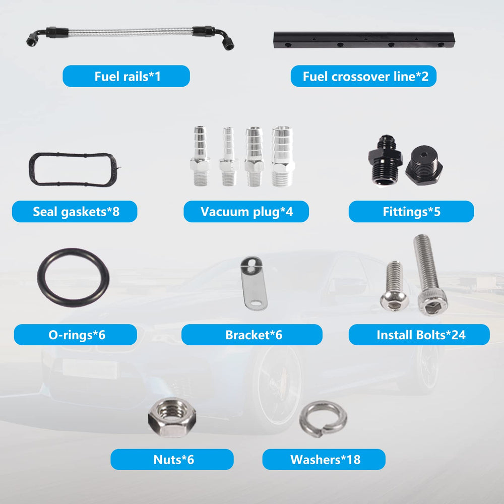 YIUIY package includes gaskets, fuel rails, and crossover line