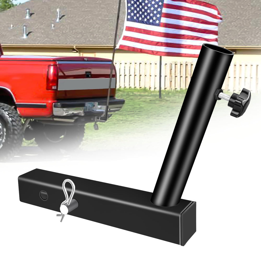 YIYITOOLS hitch flag pole holder installed on a 2-inch receiver for quick setup.