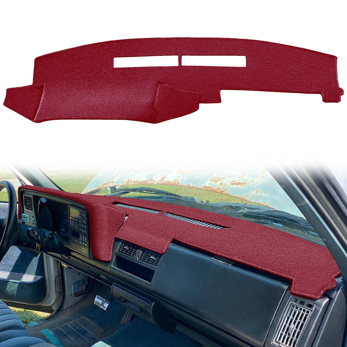 Yiz dash cover mounted on Chevy Silverado 88-94 dash showing snug maroon fit