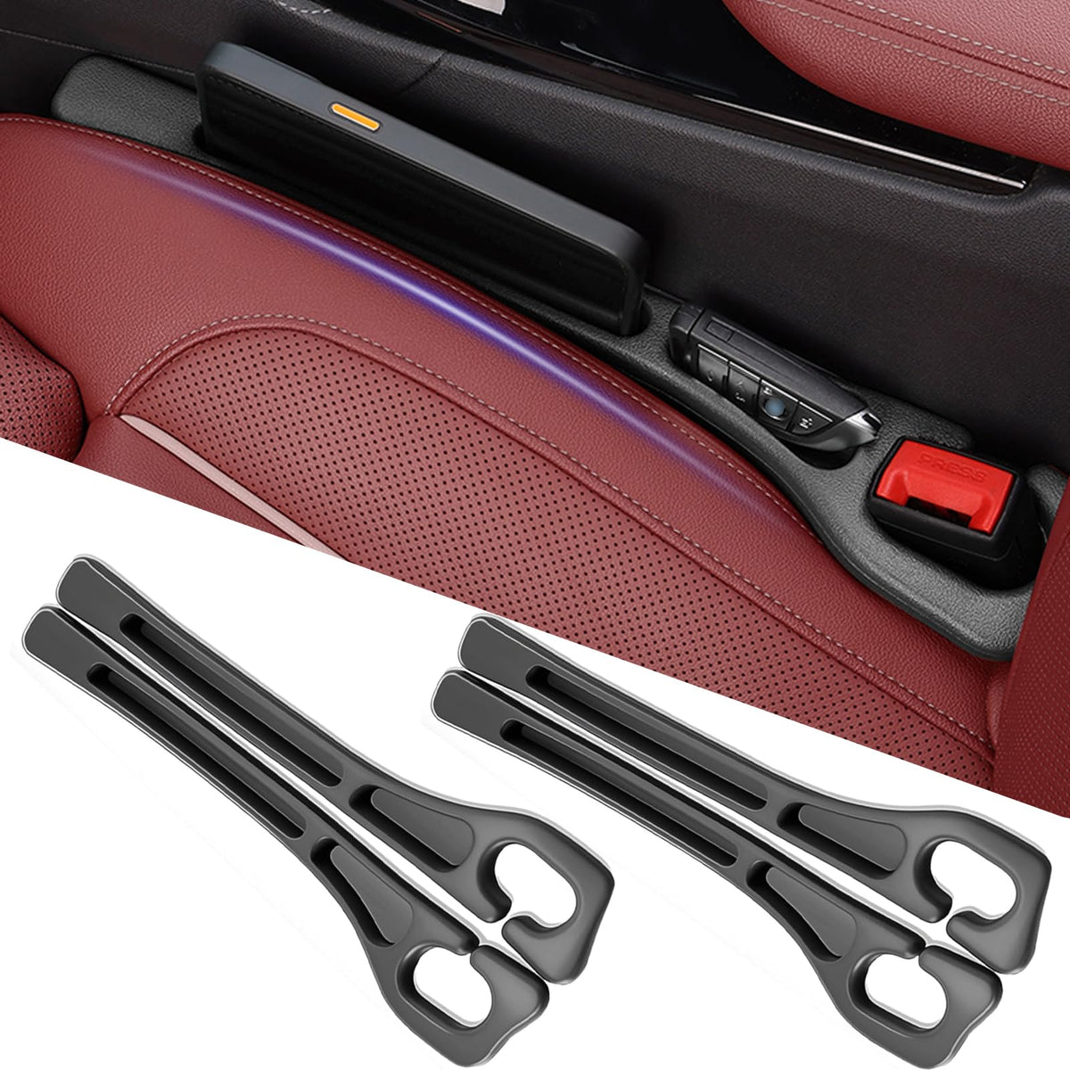 YLXGT gap filler car seat side insert showing snug fit to prevent items from falling.