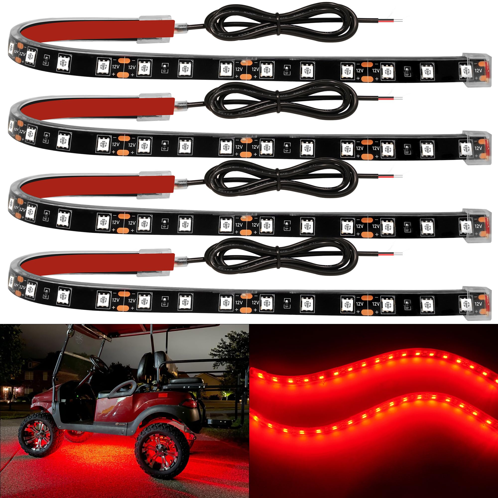 YM E-Bright red LED strip underbody glow on a car for bold nighttime visibility