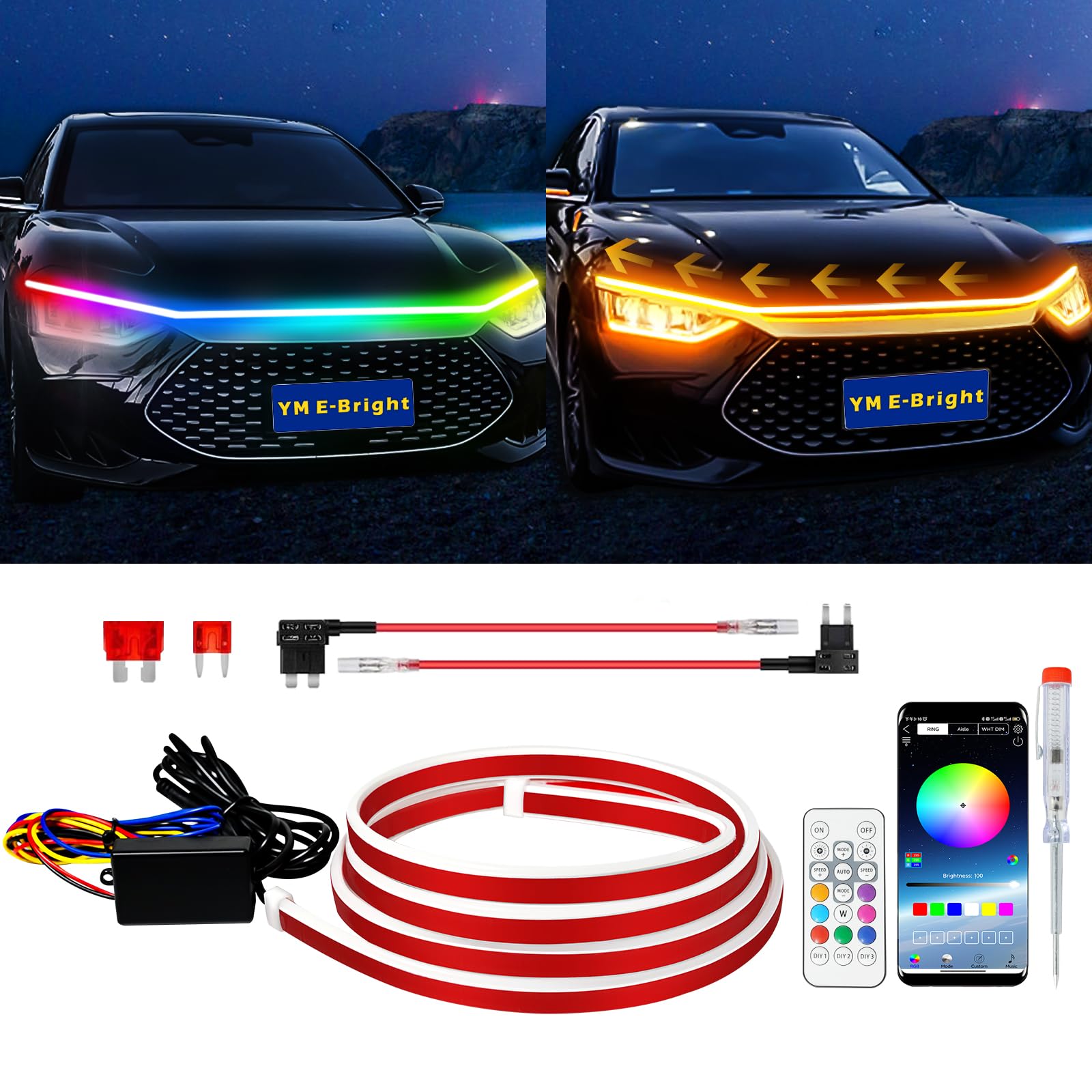 YM E-Bright car hood strip dynamic scan startup glow for night visibility