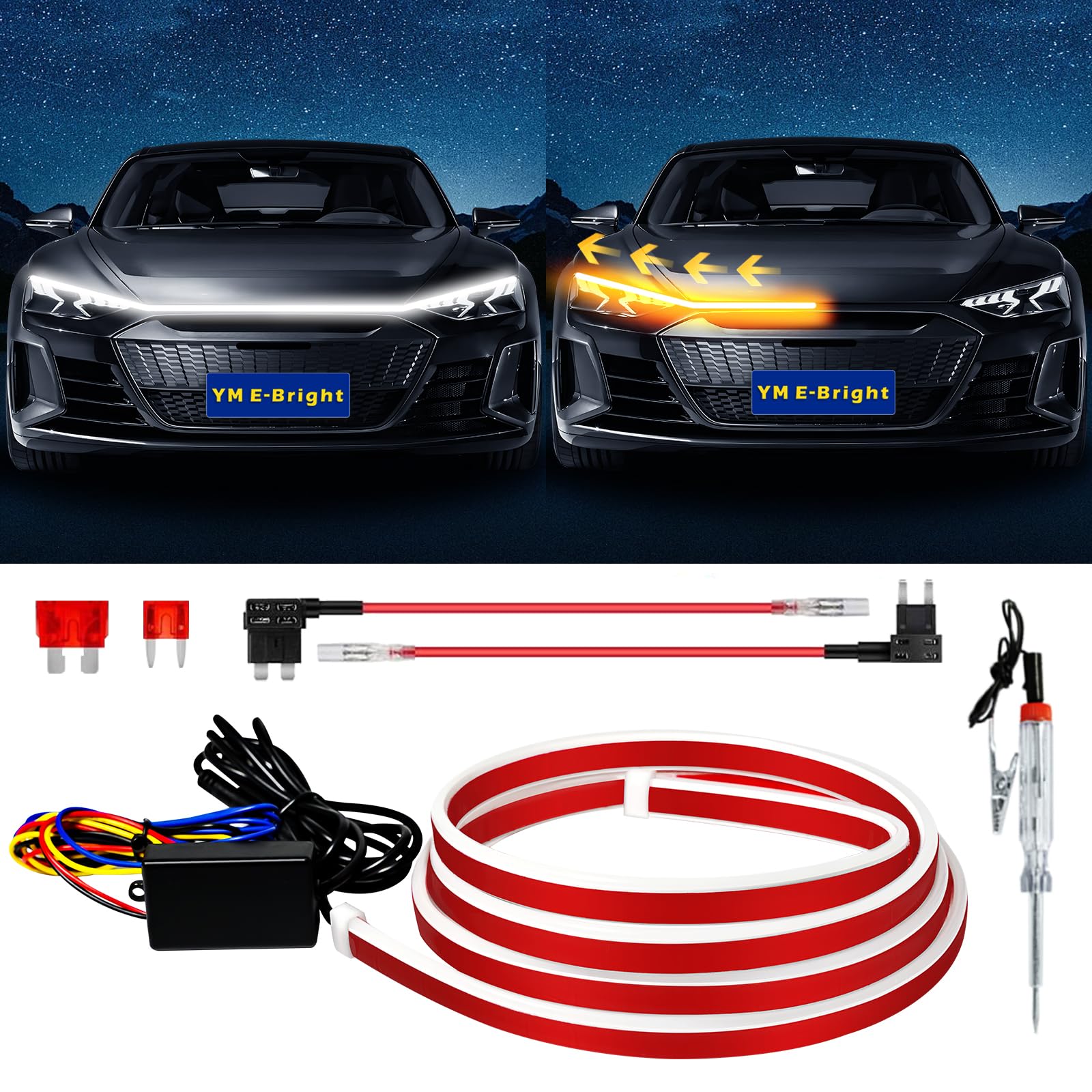 YM E-Bright dynamic startup hood light strip during ignition for enhanced nighttime visibility.