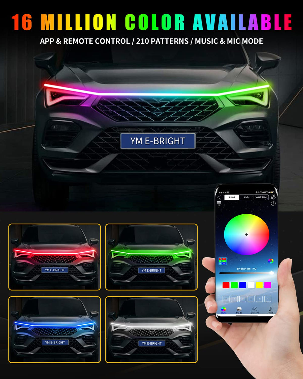 YM E-Bright hood light strip soft silicone with nano tape for easy mounting