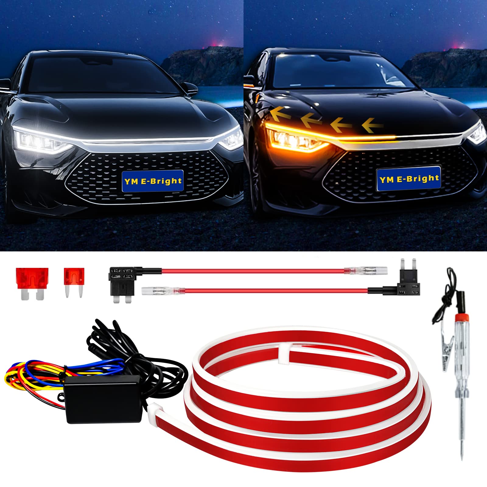 YM E-Bright sequential turn signal hood light strip with flowing amber and white running light