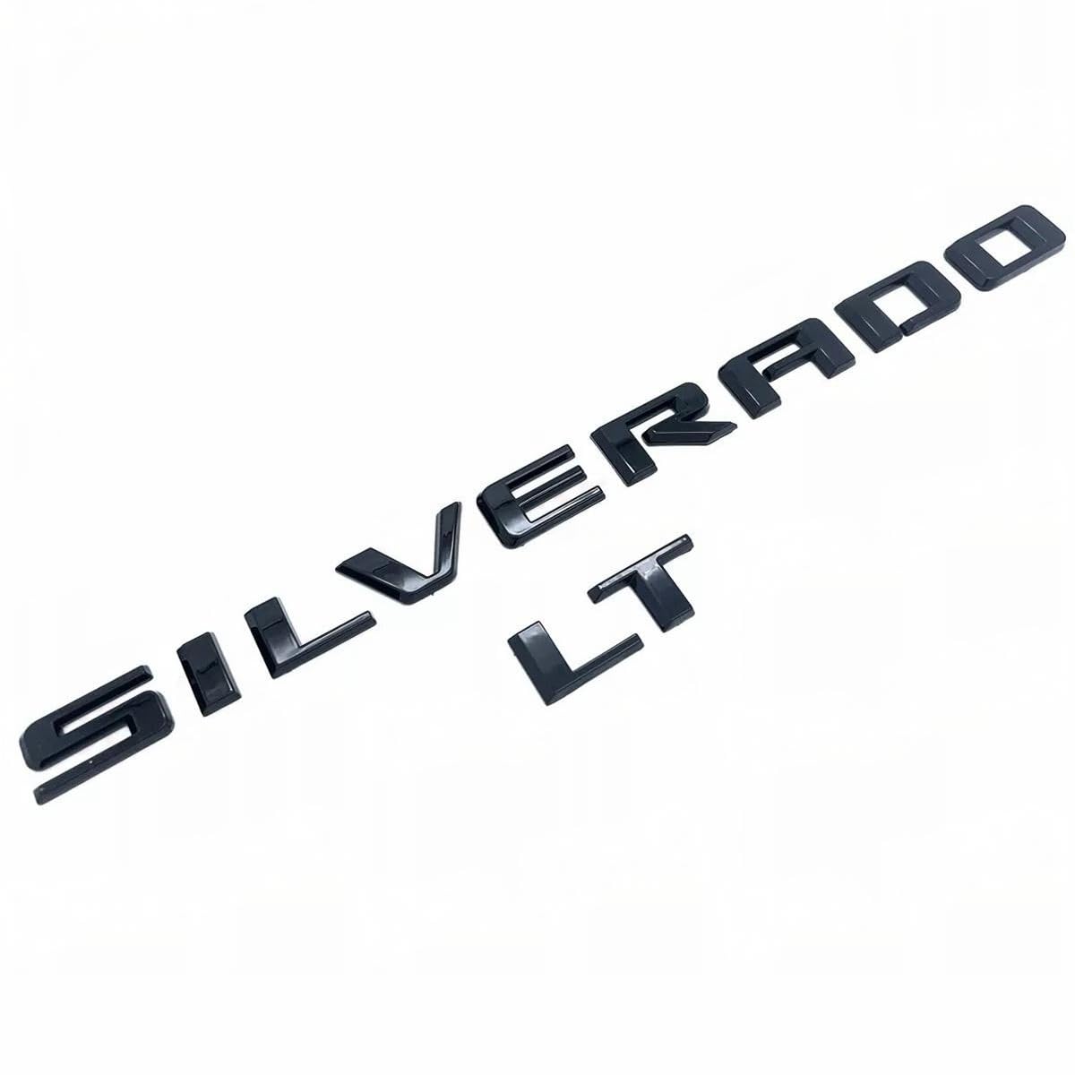 Yoaoo Silverado LT emblem 3D letters front view, durable glossy black finish.