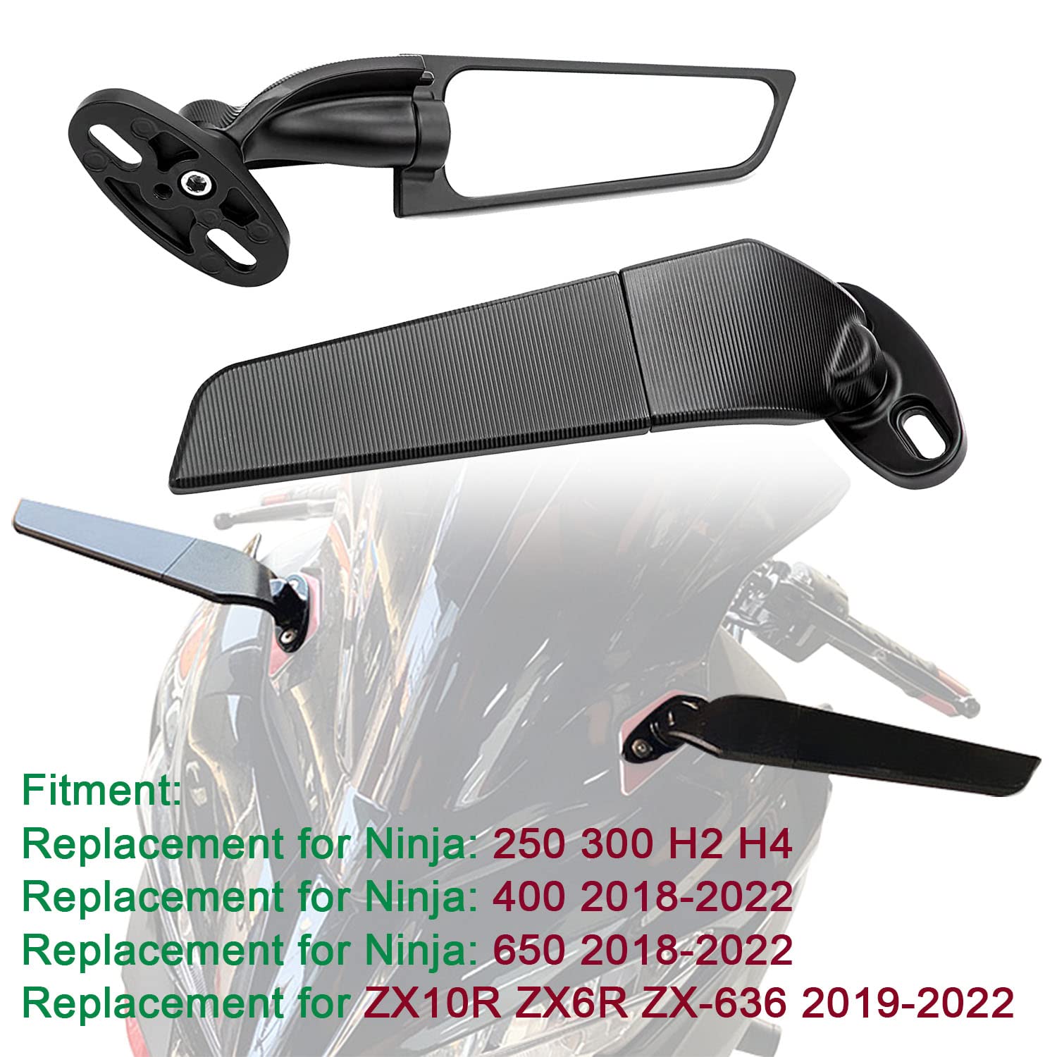 YOBEYI Wing rearview mirror for Ninja 400 with anti-glare glass for improved visibility.