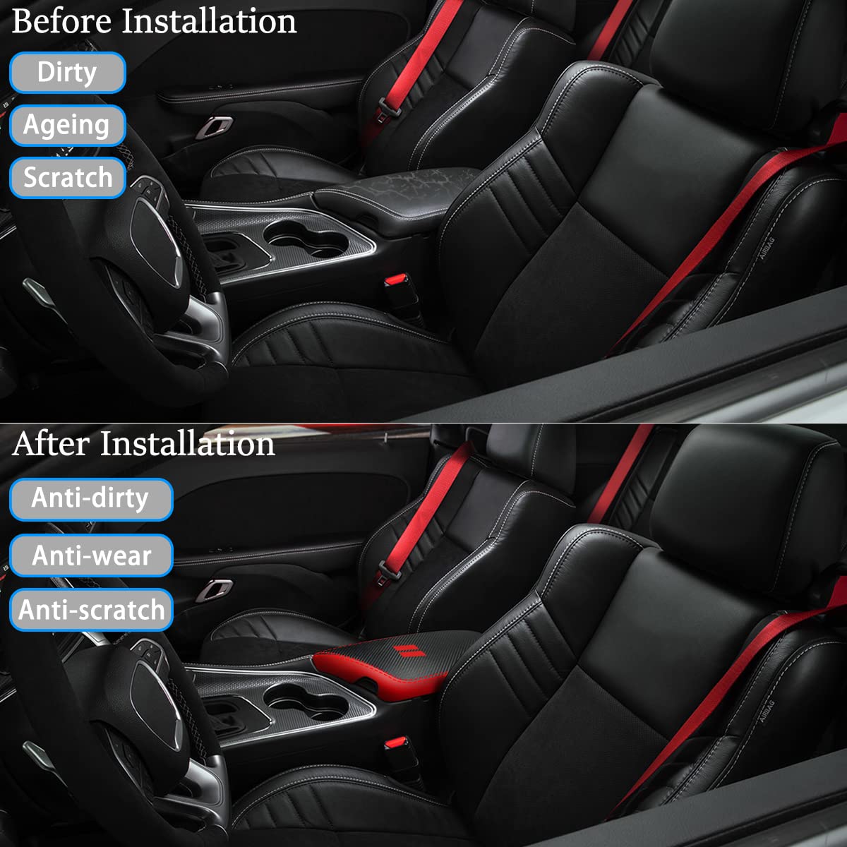 YOFAMO armrest cover installed in a Dodge Challenger interior