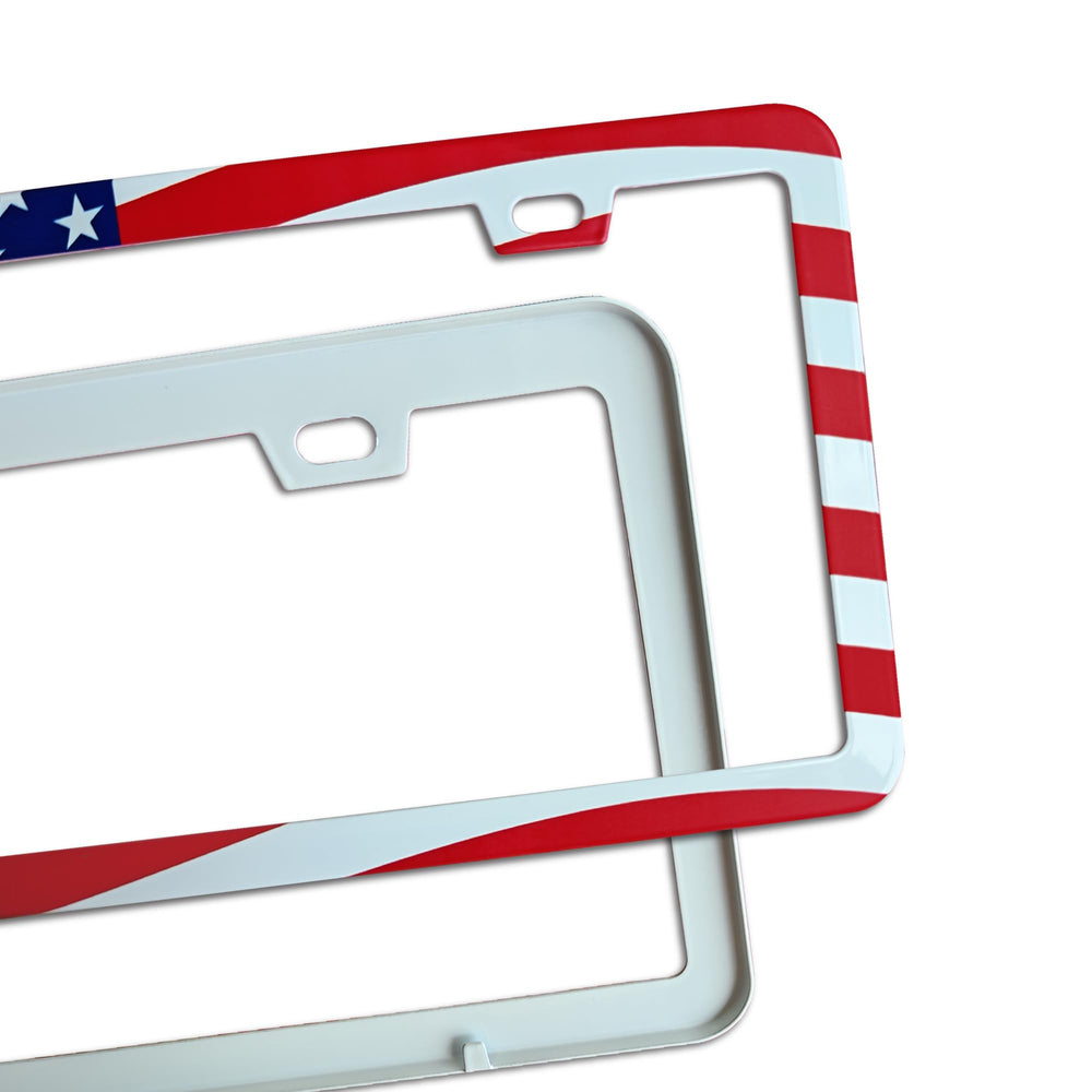 Yogrvner American Flag license plate frame back view with universal fit hints