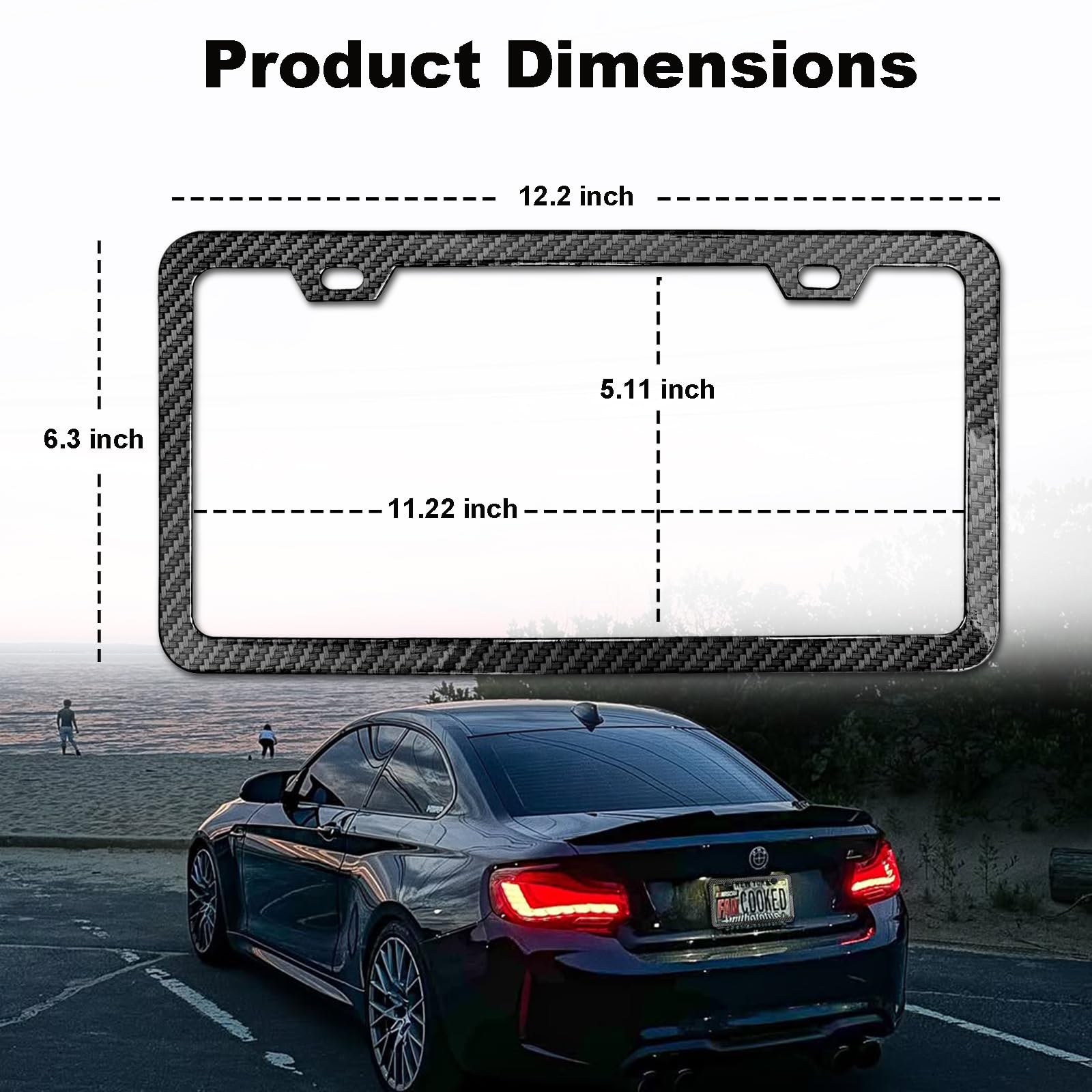 Yogrvner carbon fiber license frame side profile illustrating slim universal fit