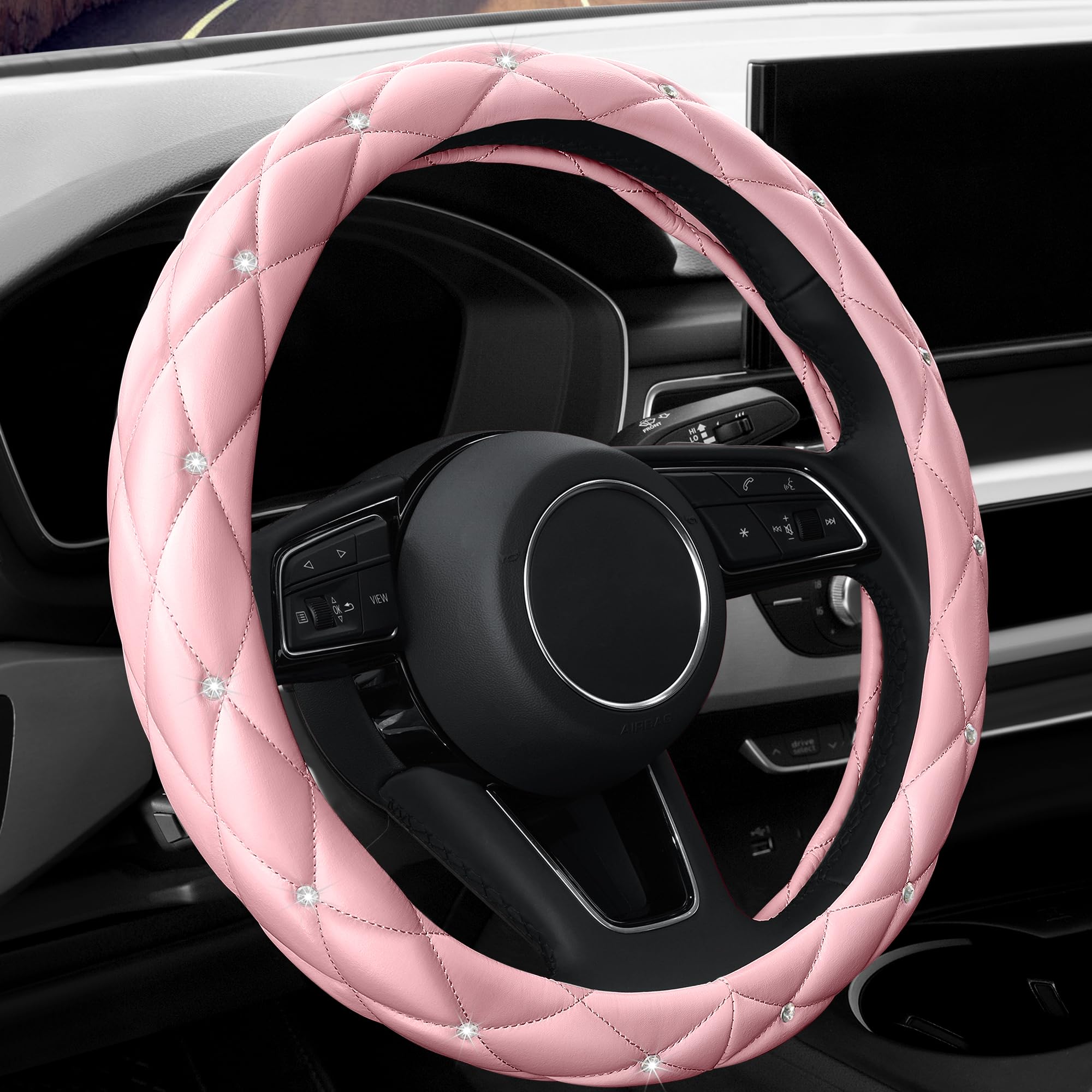 YOGURTCK cute diamond pink leather steering wheel cover offers plush grip and style.