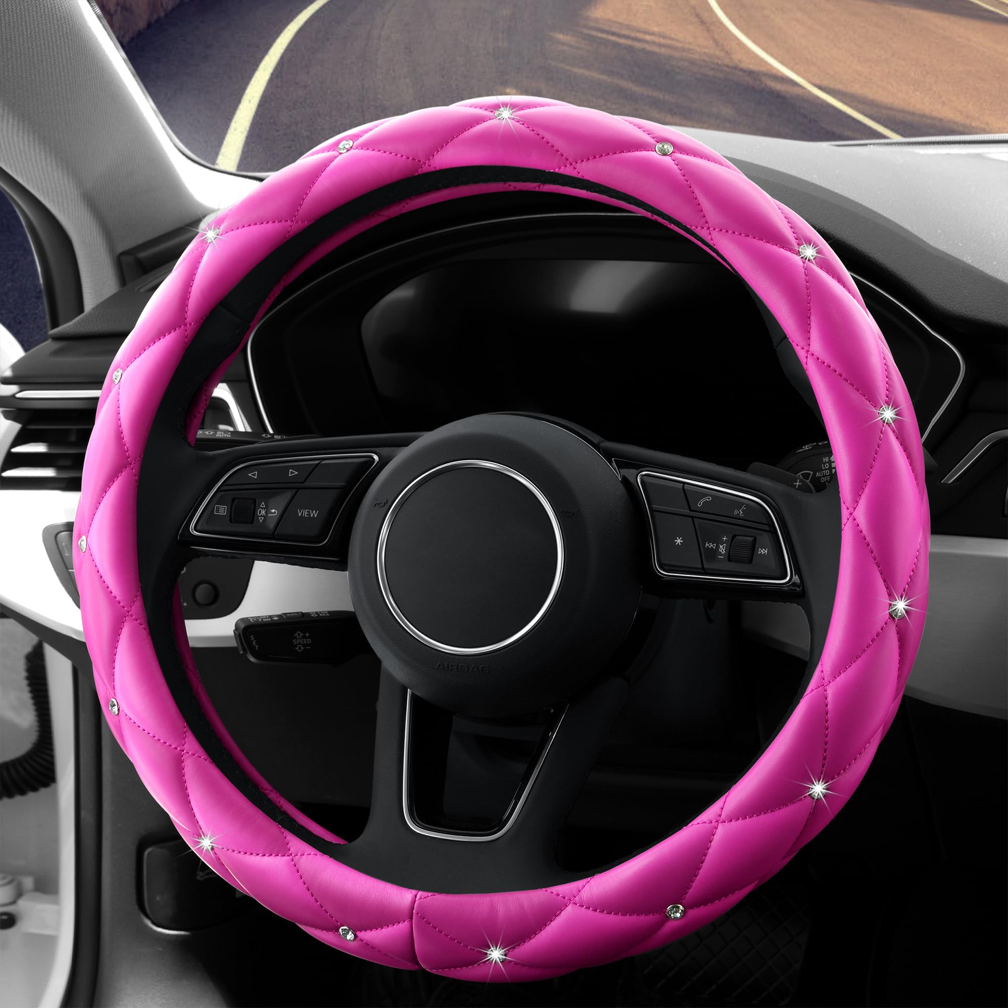 YOGURTCK hot pink crystal steering wheel cover glitters while protecting hands.