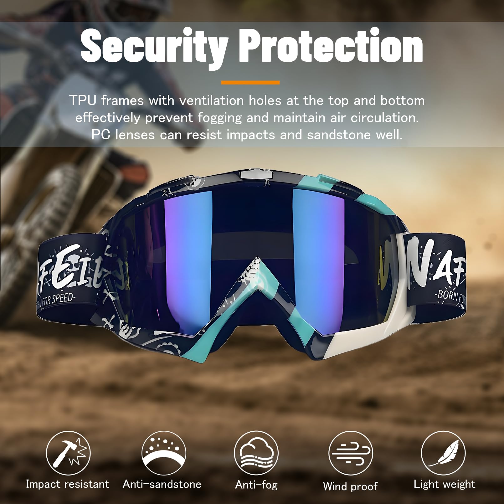 YOHOG dirt bike goggles feature a PC lens for clear vision and impact resistance.