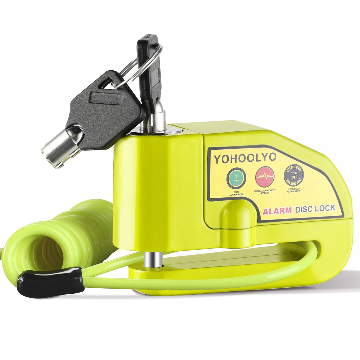 YOHOOLYO alarm disc lock front view; rugged build protects wheel security.
