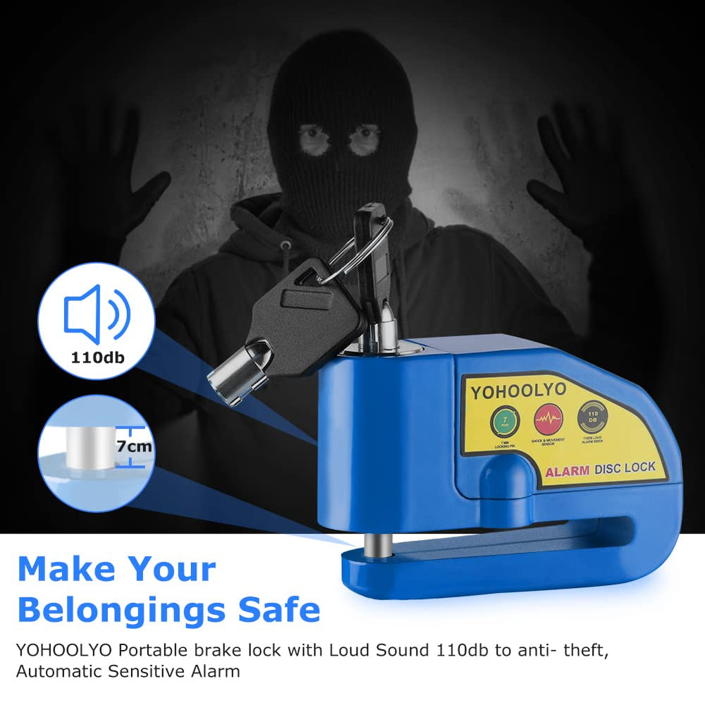 YOHOOLYO Alarm Disc Lock includes two keys and spare batteries