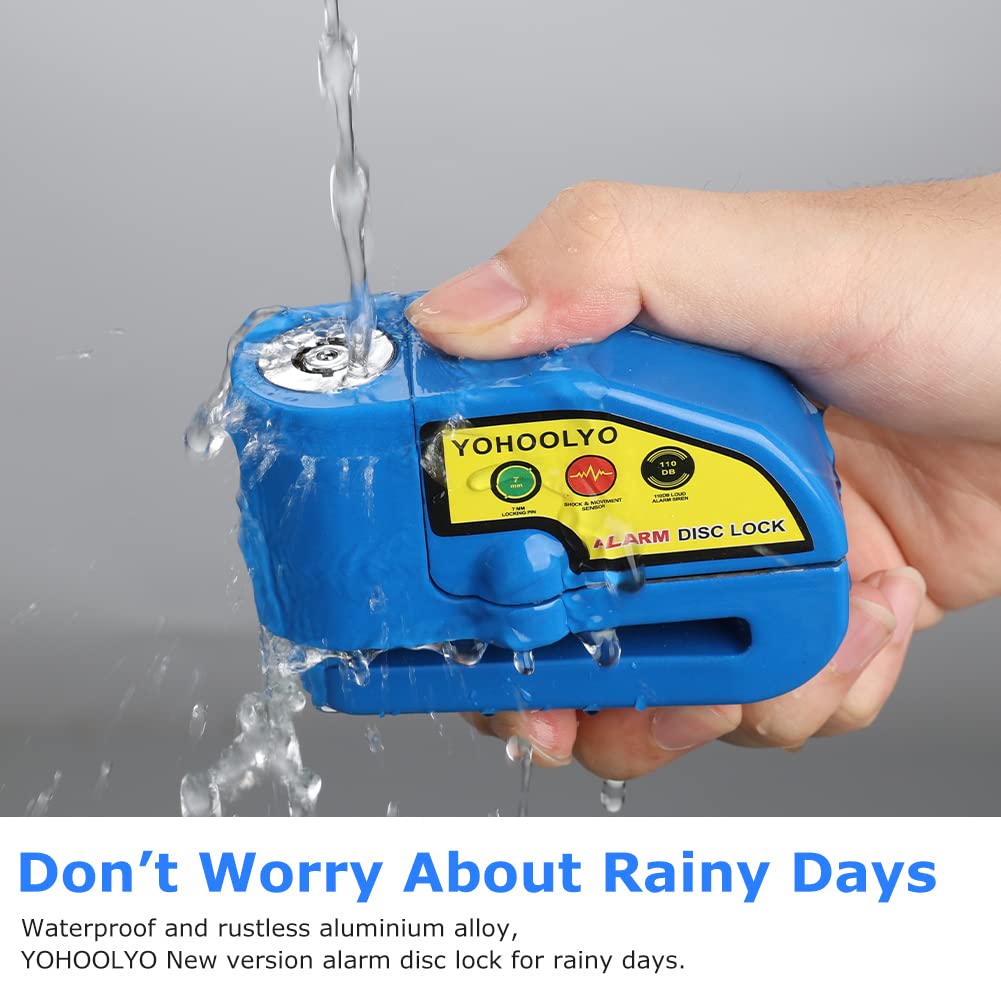 YOHOOLYO Alarm Disc Lock surface shows waterproof, rain-ready durability