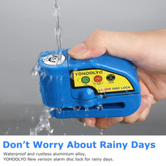 YOHOOLYO Alarm Disc Lock surface shows waterproof, rain-ready durability