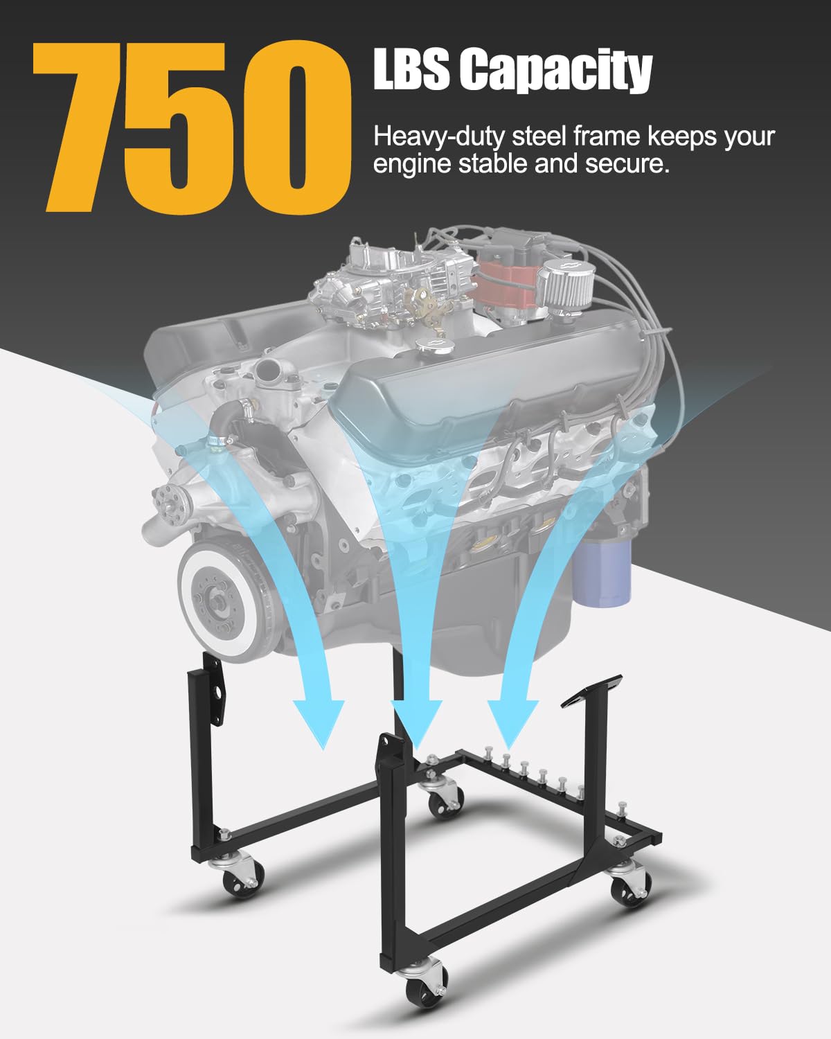 YOLANDO heavy-duty steel cradle construction resists rust and handles up to 750 lbs