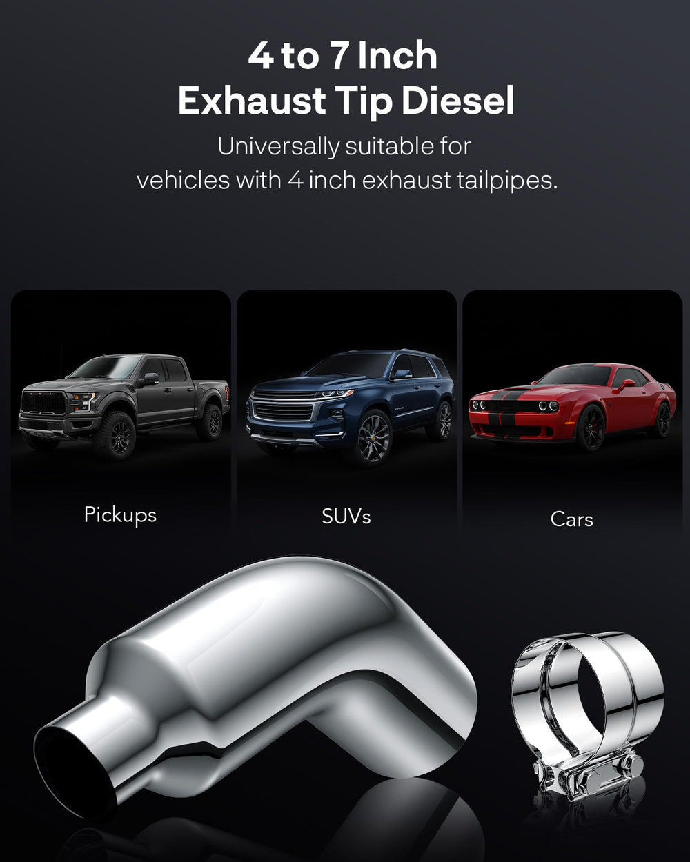 YOLANDO turndown exhaust elbow curve enhances airflow while adding chrome style