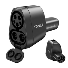 Yomile CCS1 to Tesla adapter in use at a CCS1 station for quick charging.