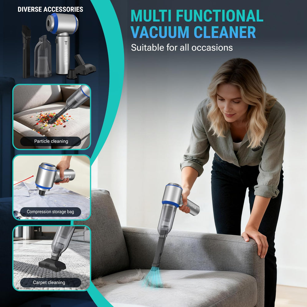 Yomile compact car vacuum delivering strong suction for pet hair and crumbs.