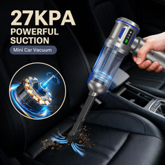 Yomile 27000Pa suction demonstrated on car seats and sofa.