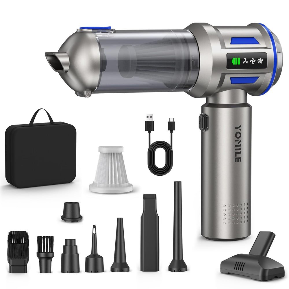 Yomile mini vacuum cleaner 2-in-1 in action for desk and car cleaning.