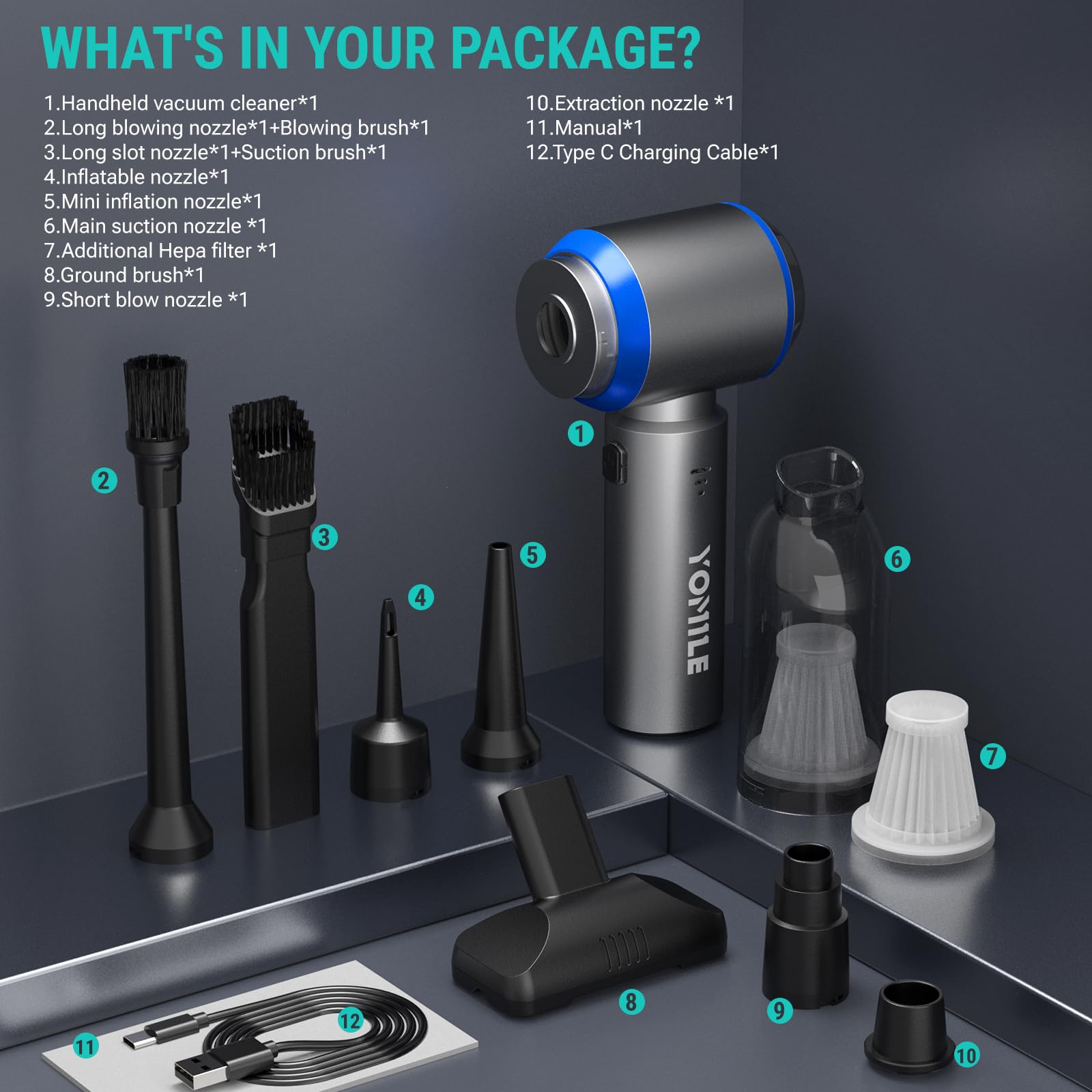 Yomile USB-C fast charging keeps you ready for quick cleanup.