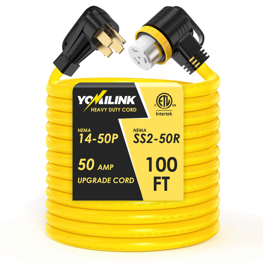 YOMILINK 100 ft 50A RV cord with NEMA 14-50P plug for reliable outdoor power.