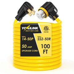 YOMILINK 100 ft 50A RV cord with NEMA 14-50P plug for reliable outdoor power.