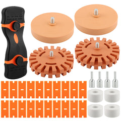 Yonderfume eraser wheel in use on car surface for decal removal.