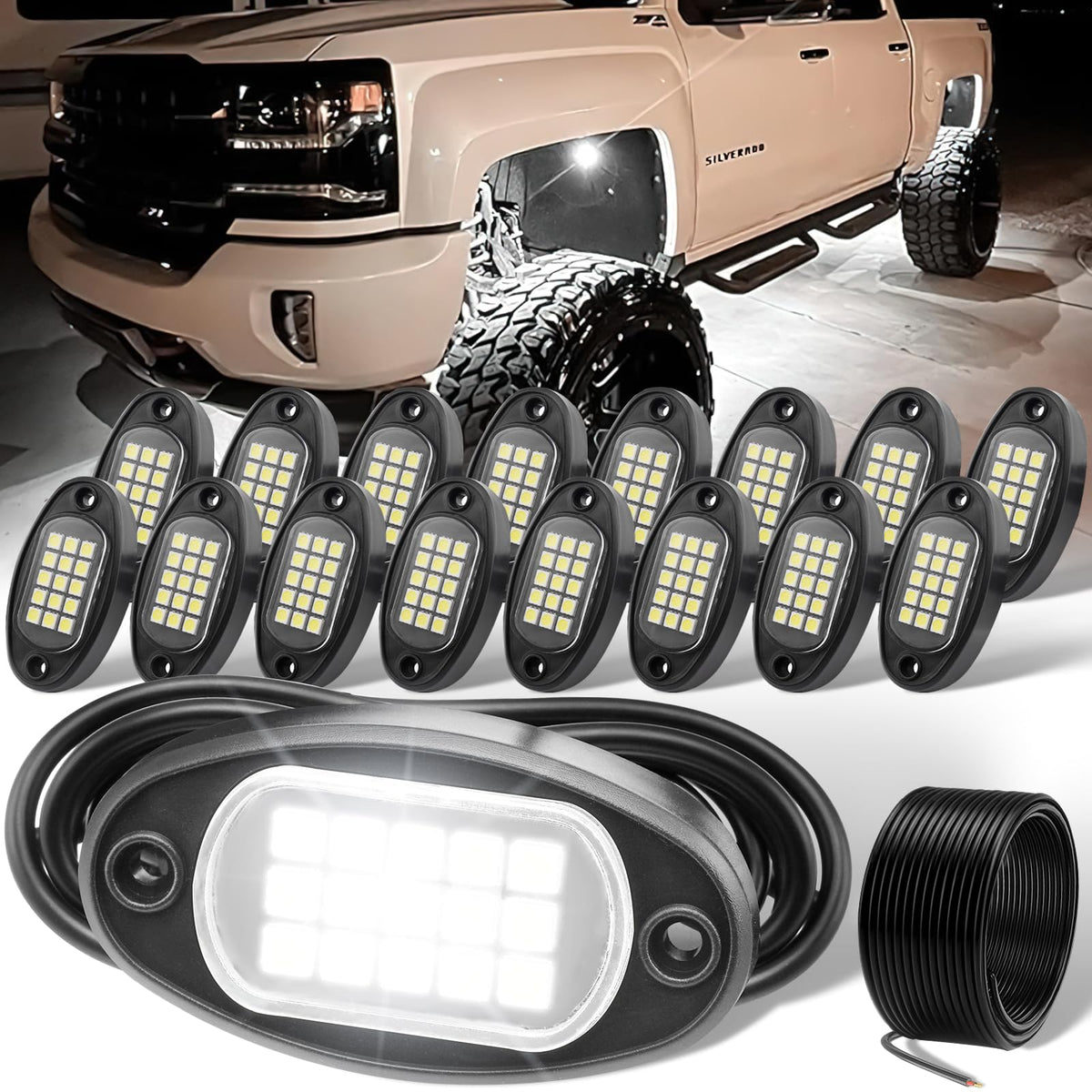 Yoneda 16 Pods underglow lights mounted on a truck for nighttime visibility