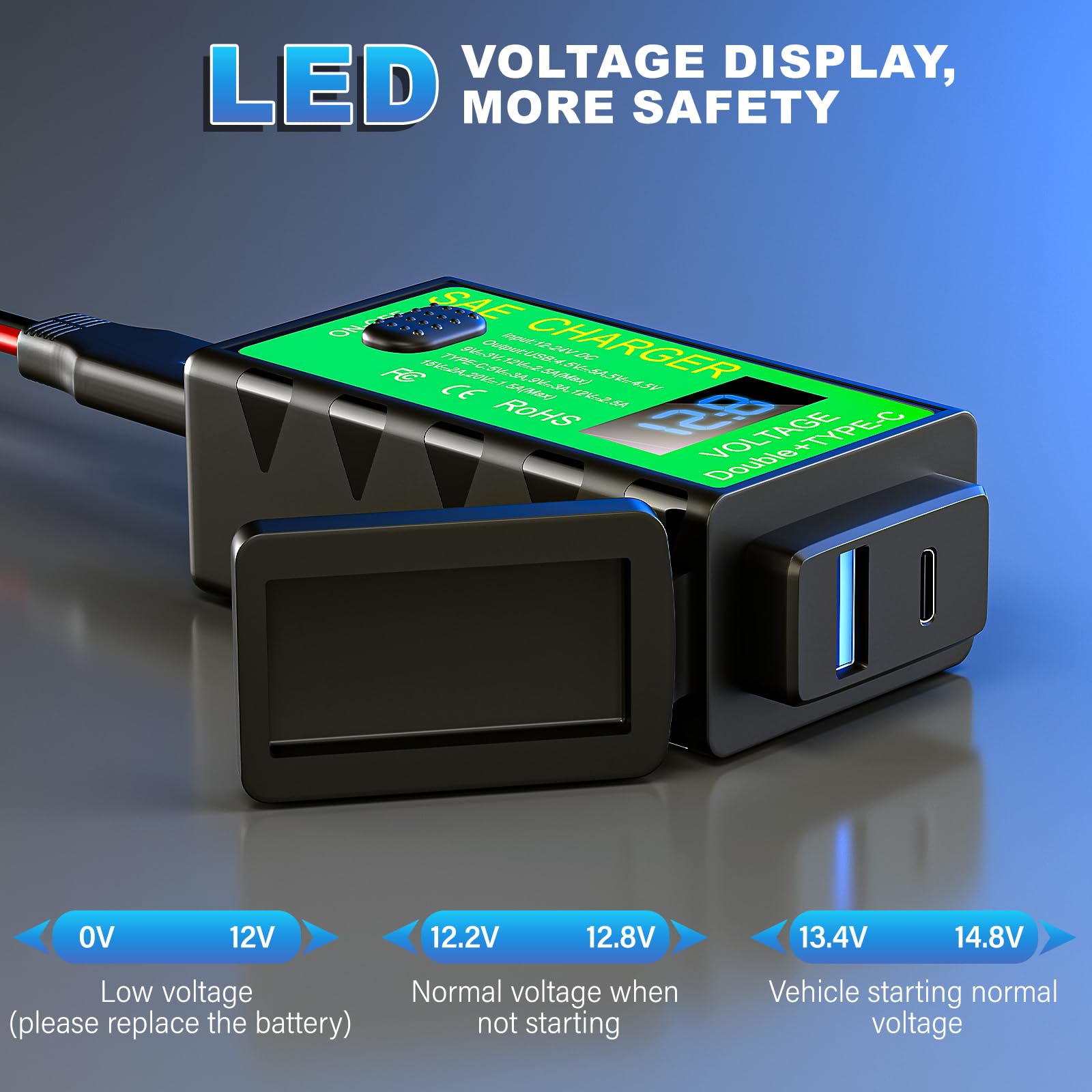 Yonhan LED voltmeter displays bike voltage for quick electrical status checks.
