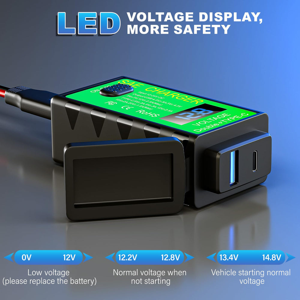 Yonhan LED voltmeter displays bike voltage for quick electrical status checks.