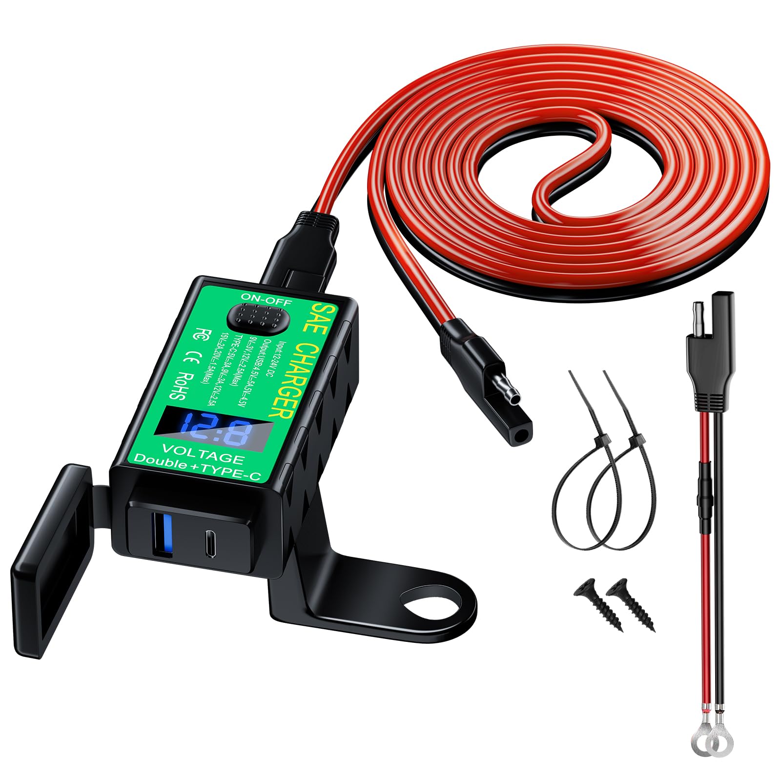 Yonhan motorcycle charger with dual USB-C and USB-A ports for fast on-road charging.