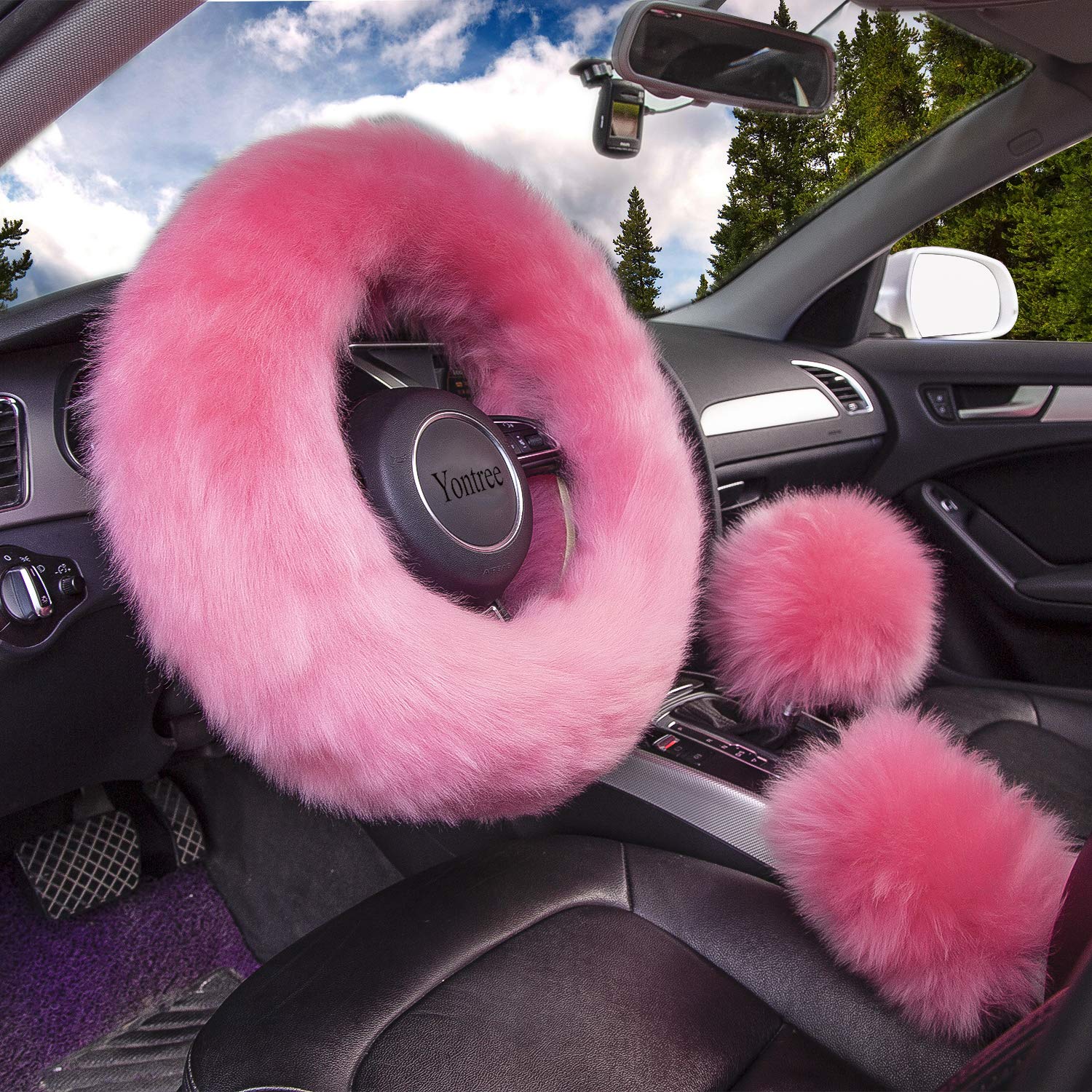 Yontree fluffy steering wheel cover pink for a plush grip and warmth on the wheel