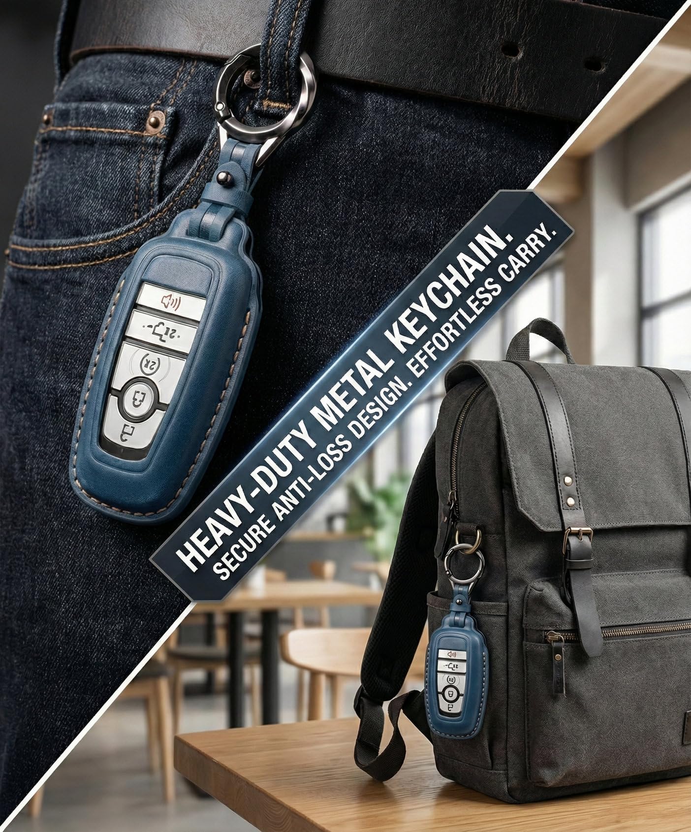 YONUFI Ford key fob cover blue clipped to belt loop for active use